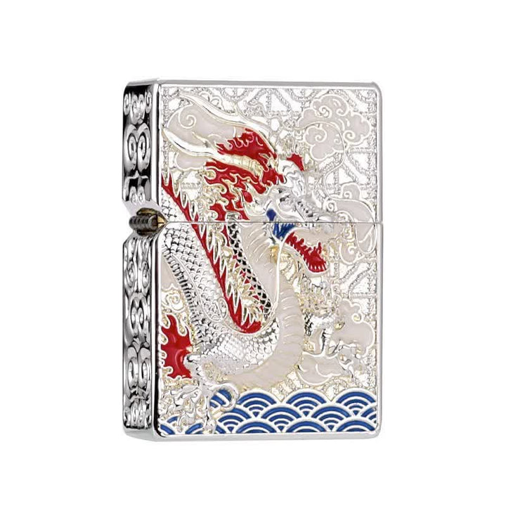 Briquet à kérosène rechargeable de luxe à double face en relief de dragon