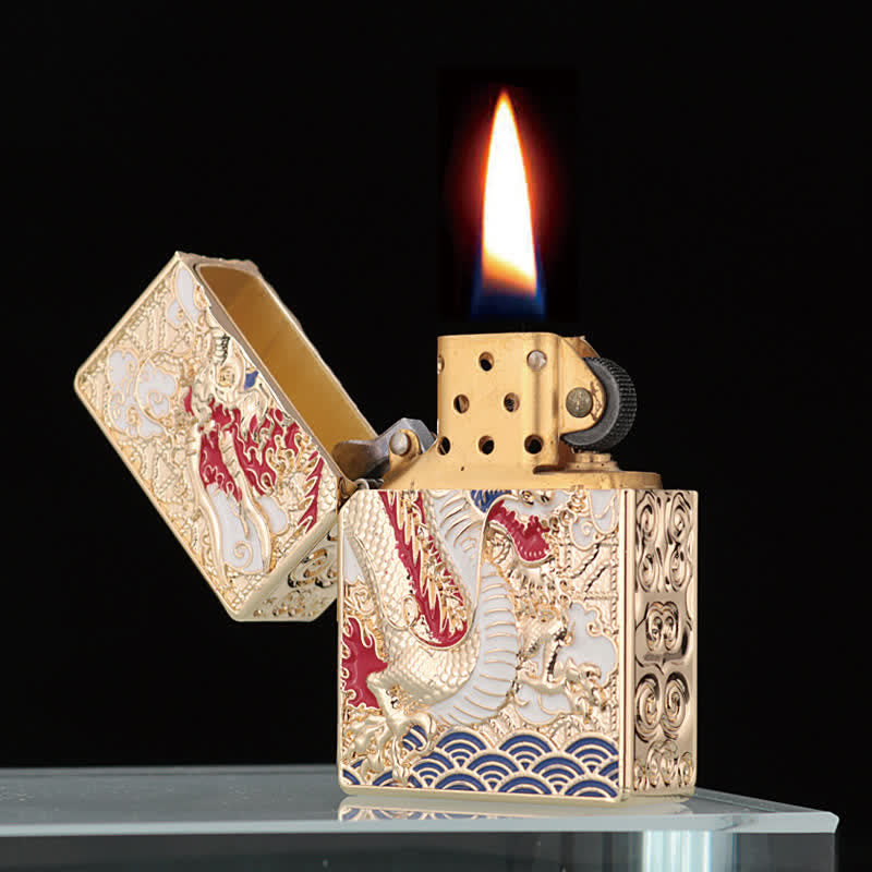 Briquet à kérosène rechargeable de luxe à double face en relief de dragon