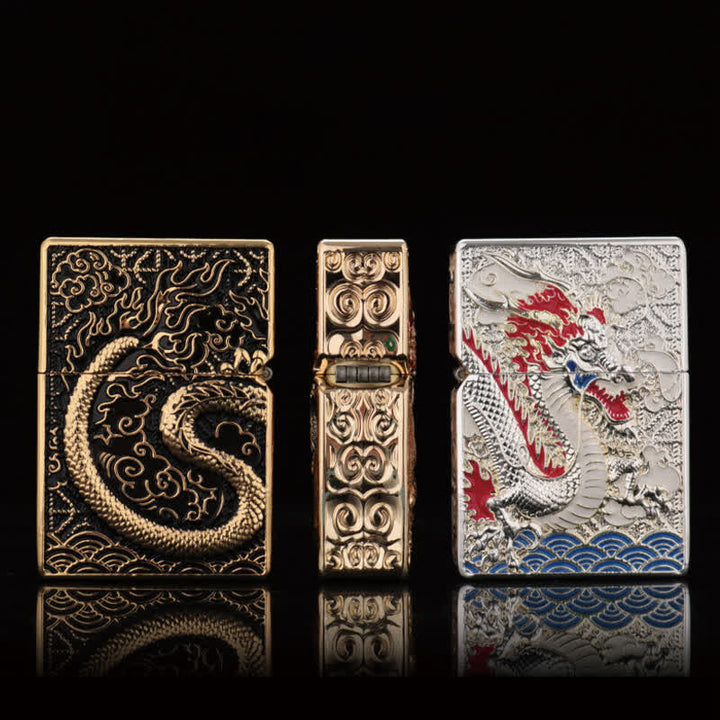 Briquet à kérosène rechargeable de luxe à double face en relief de dragon