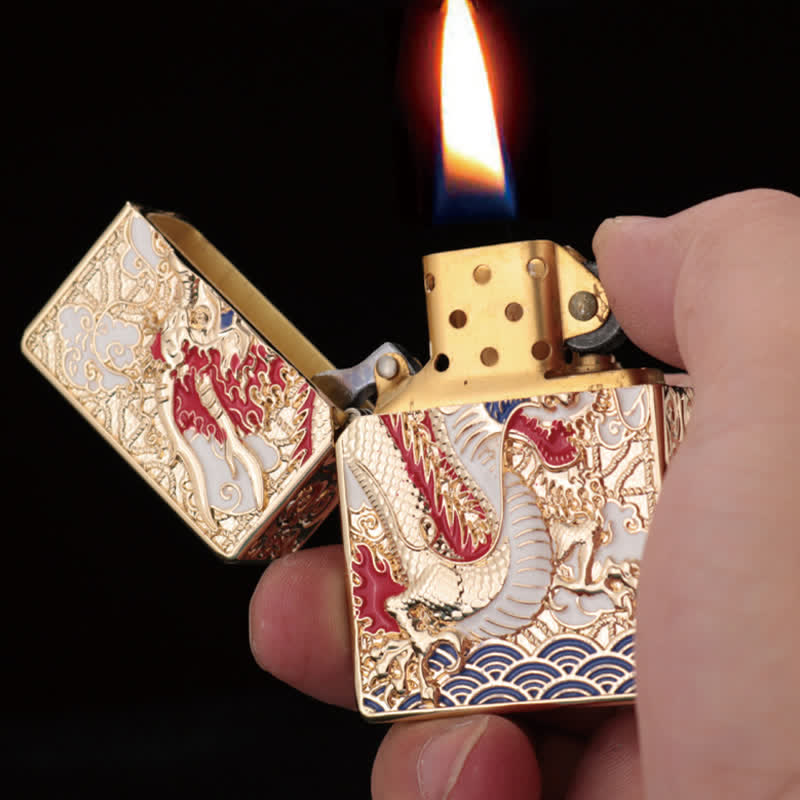 Briquet à kérosène rechargeable de luxe à double face en relief de dragon