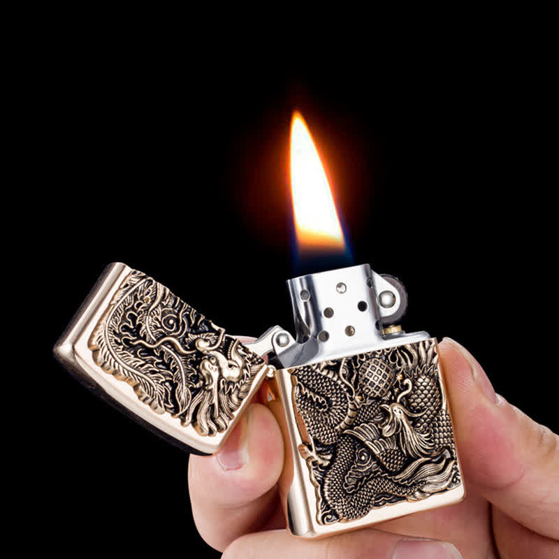 Briquet à pétrole rechargeable en relief Dragon Phoenix