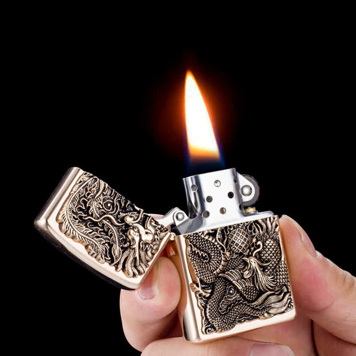 Briquet à pétrole rechargeable en relief Dragon Phoenix