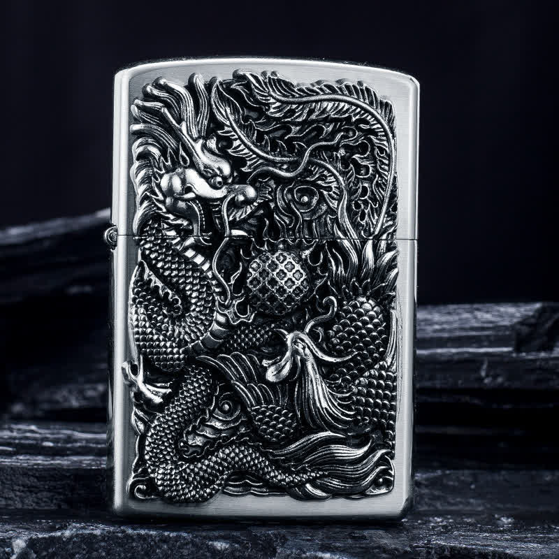 Briquet à pétrole rechargeable en relief Dragon Phoenix