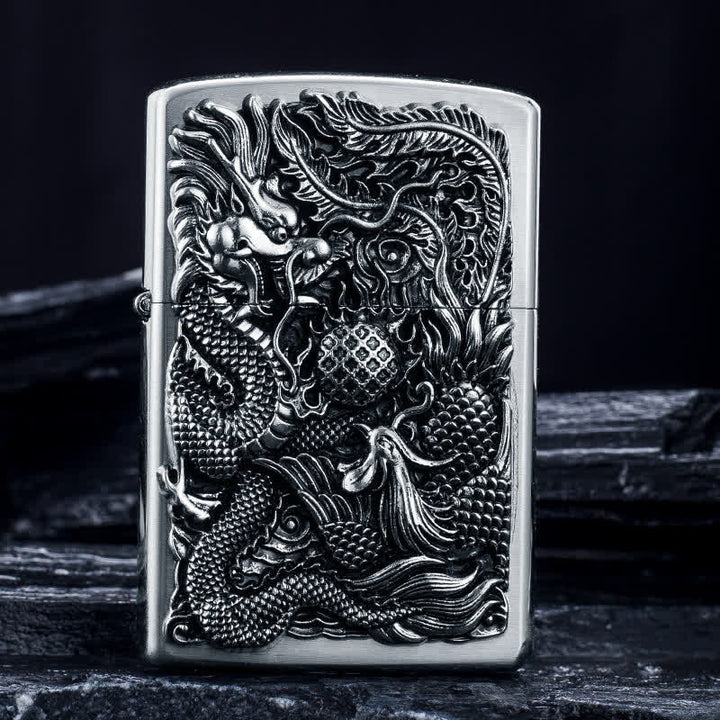 Briquet à pétrole rechargeable en relief Dragon Phoenix