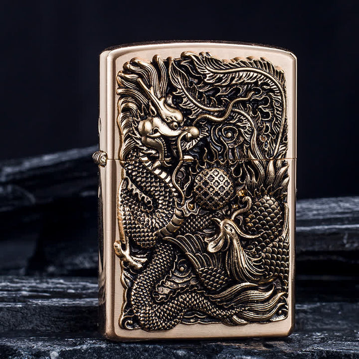Briquet à pétrole rechargeable en relief Dragon Phoenix