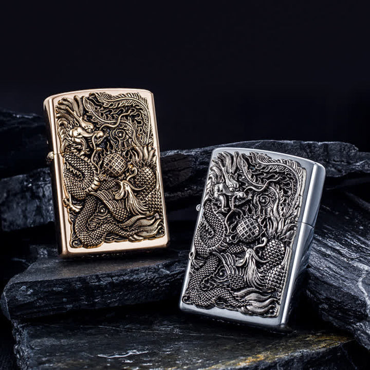 Briquet à pétrole rechargeable en relief Dragon Phoenix