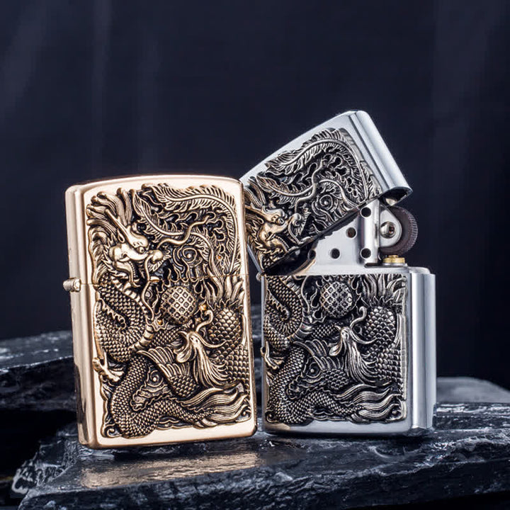 Briquet à pétrole rechargeable en relief Dragon Phoenix