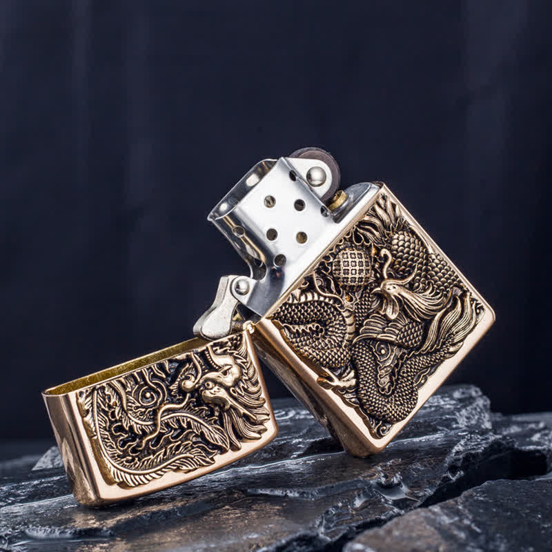 Briquet à pétrole rechargeable en relief Dragon Phoenix