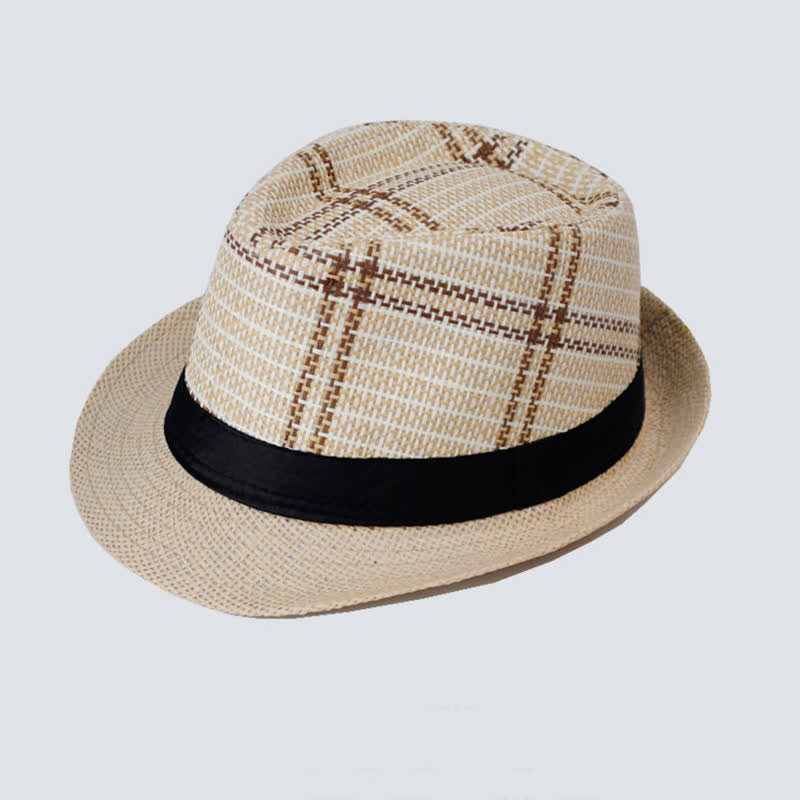 Chapeau Fedora en paille à carreaux de style bohème pour homme