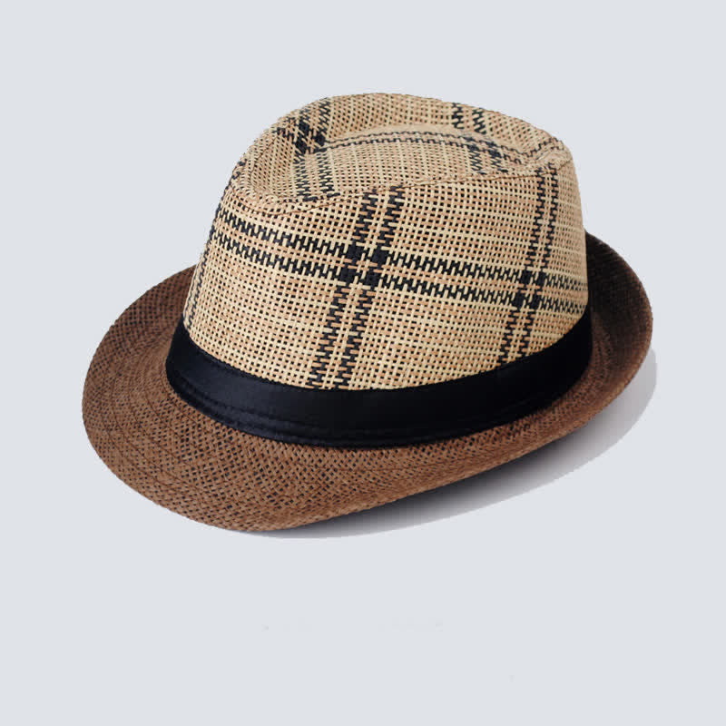 Chapeau Fedora en paille à carreaux de style bohème pour homme