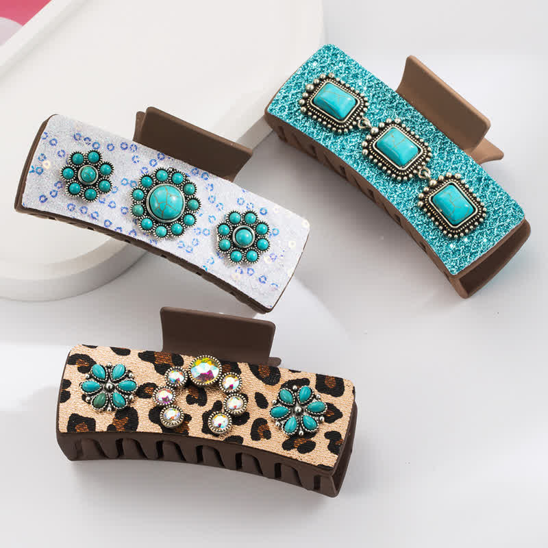 Pince à cheveux pour femme avec imprimé léopard et turquoise de l'Ouest