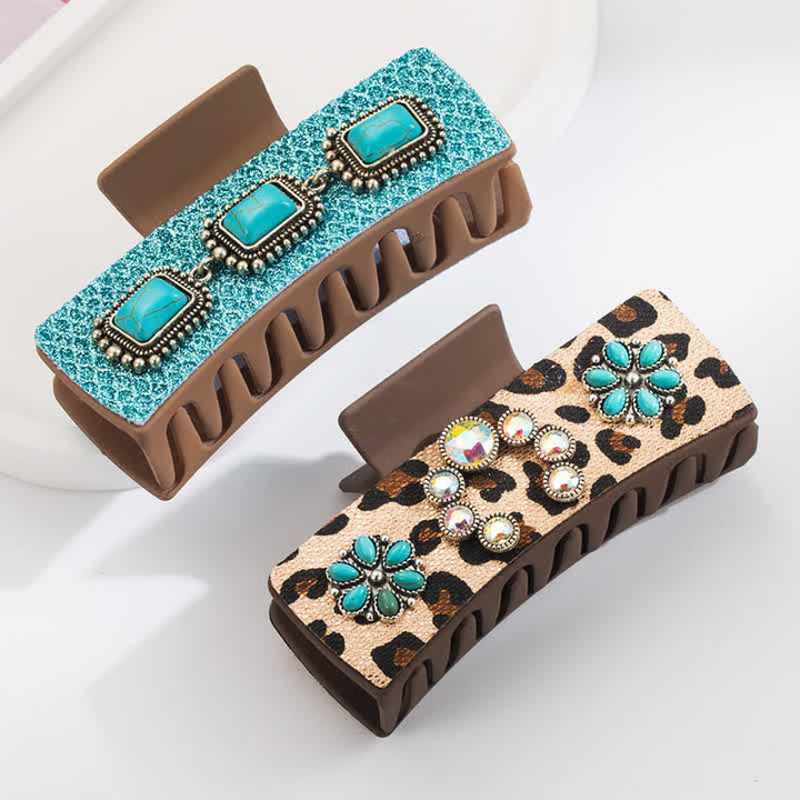 Pince à cheveux pour femme avec imprimé léopard et turquoise de l'Ouest