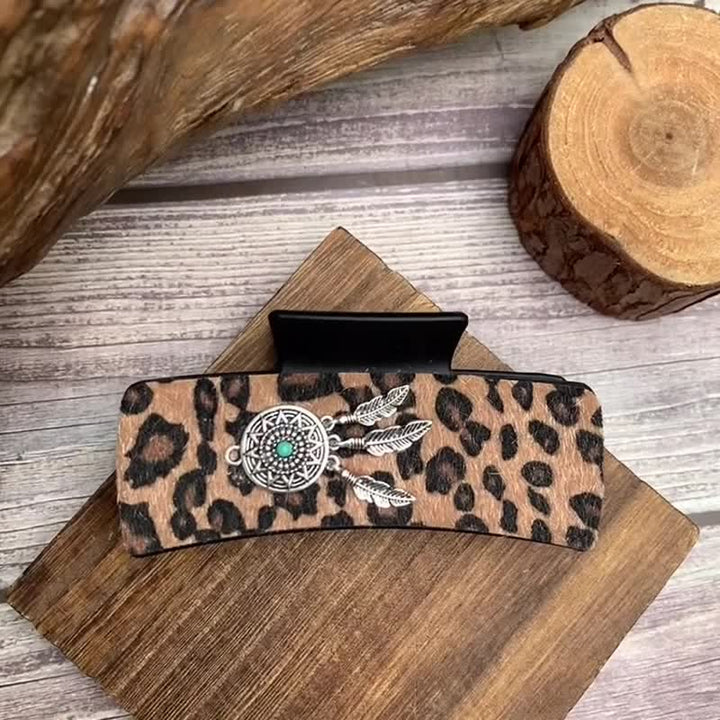 Pince à cheveux pour femme avec imprimé léopard et décor turquoise indien