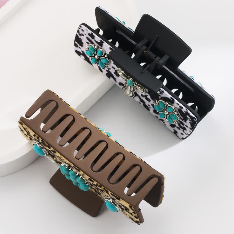 Pince à cheveux pour femme avec imprimé léopard turquoise et vache laitière