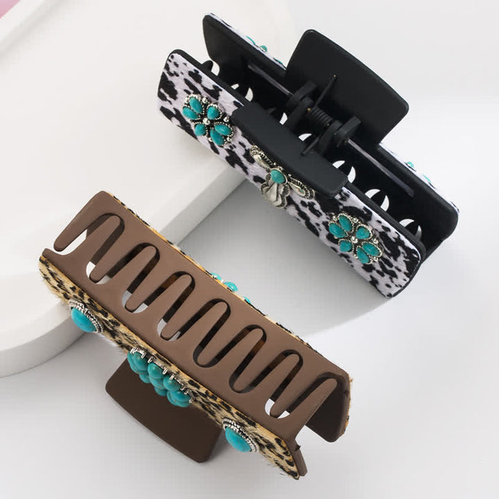 Pince à cheveux pour femme avec imprimé léopard turquoise et vache laitière