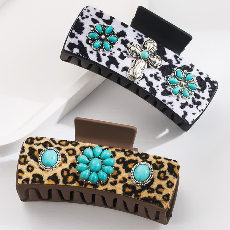 Pince à cheveux pour femme avec imprimé léopard turquoise et vache laitière