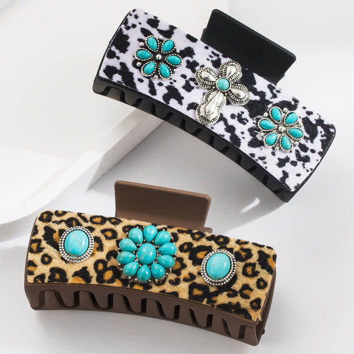 Pince à cheveux pour femme avec imprimé léopard turquoise et vache laitière
