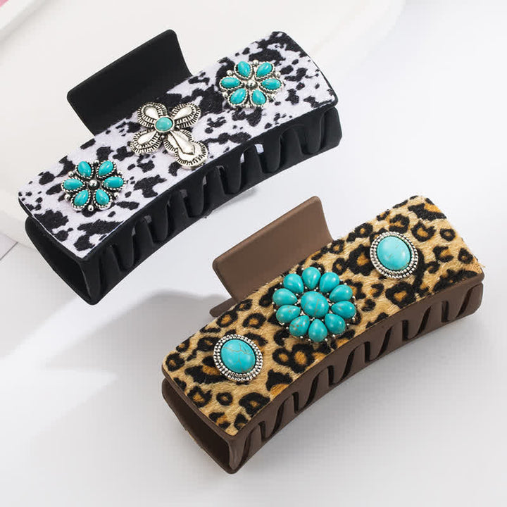 Pince à cheveux pour femme avec imprimé léopard turquoise et vache laitière