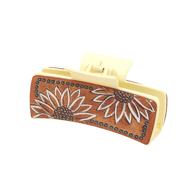 Pince à cheveux en cuir synthétique marron à imprimé tournesol pour femme