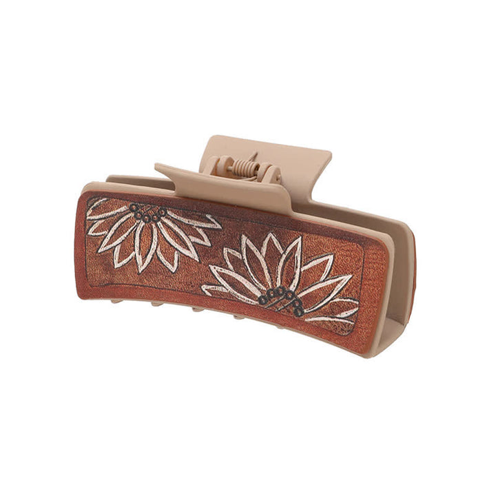 Pince à cheveux en cuir synthétique marron à imprimé tournesol pour femme