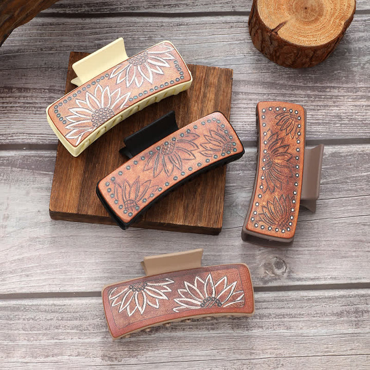 Pince à cheveux en cuir synthétique marron à imprimé tournesol pour femme