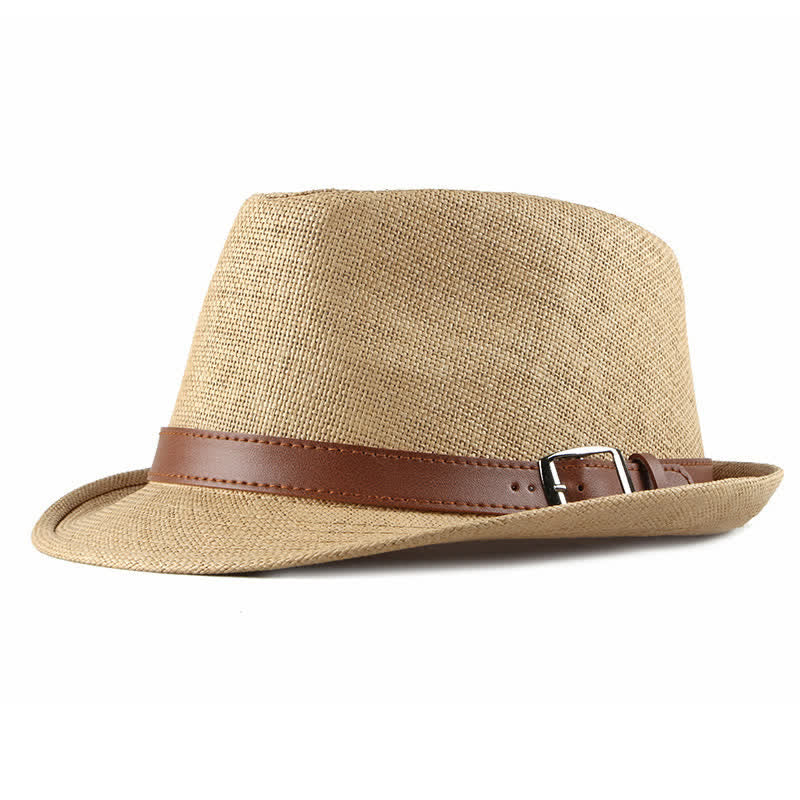 Chapeau Fedora en paille avec décor en cuir décontracté et élégant pour hommes