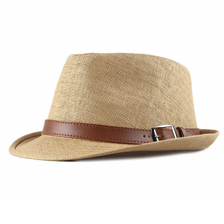 Chapeau Fedora en paille avec décor en cuir décontracté et élégant pour hommes