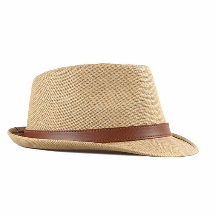Chapeau Fedora en paille avec décor en cuir décontracté et élégant pour hommes