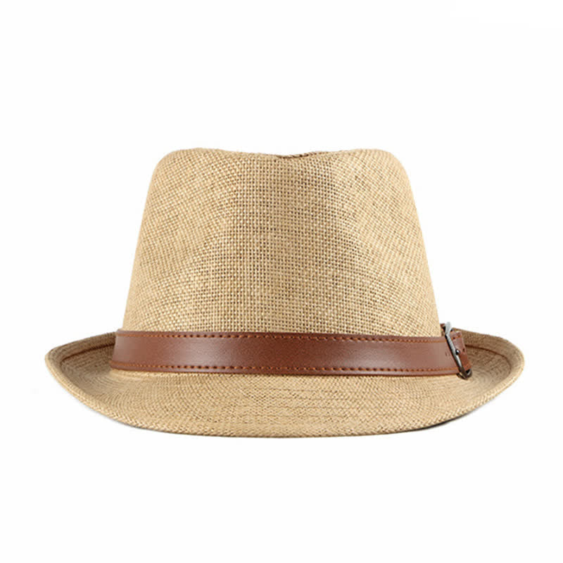 Chapeau Fedora en paille avec décor en cuir décontracté et élégant pour hommes
