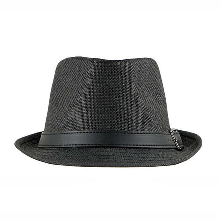 Chapeau Fedora en paille avec décor en cuir décontracté et élégant pour hommes