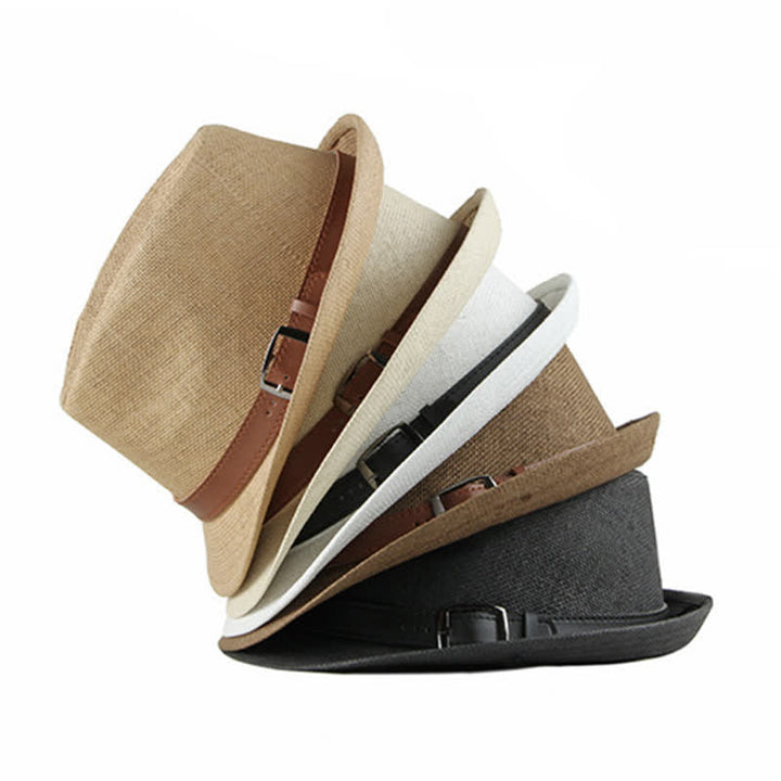 Chapeau Fedora en paille avec décor en cuir décontracté et élégant pour hommes