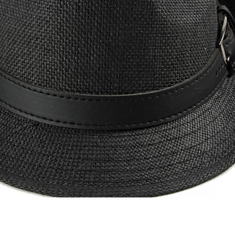 Chapeau Fedora en paille avec décor en cuir décontracté et élégant pour hommes
