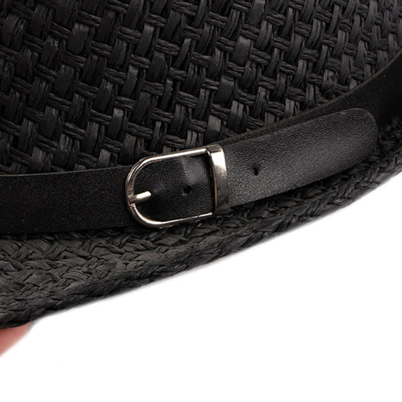 Chapeau Fedora en paille de plage avec bande en cuir tressé pour homme