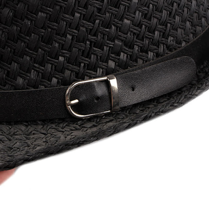 Chapeau Fedora en paille de plage avec bande en cuir tressé pour homme