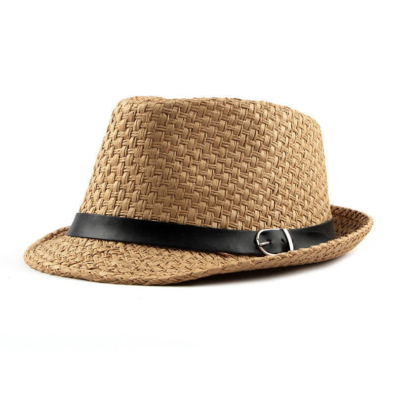Chapeau Fedora en paille de plage avec bande en cuir tressé pour homme