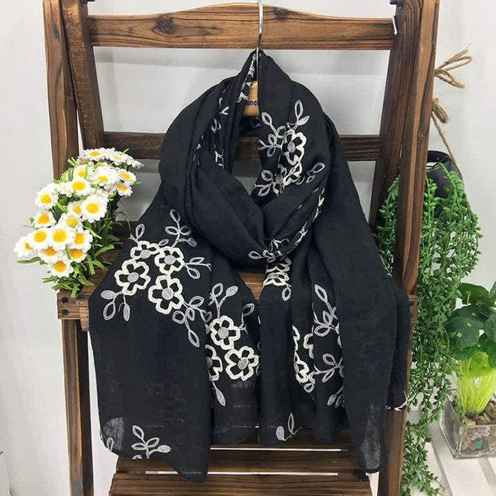 Écharpe fine brodée de fleurs en coton et lin pour femme