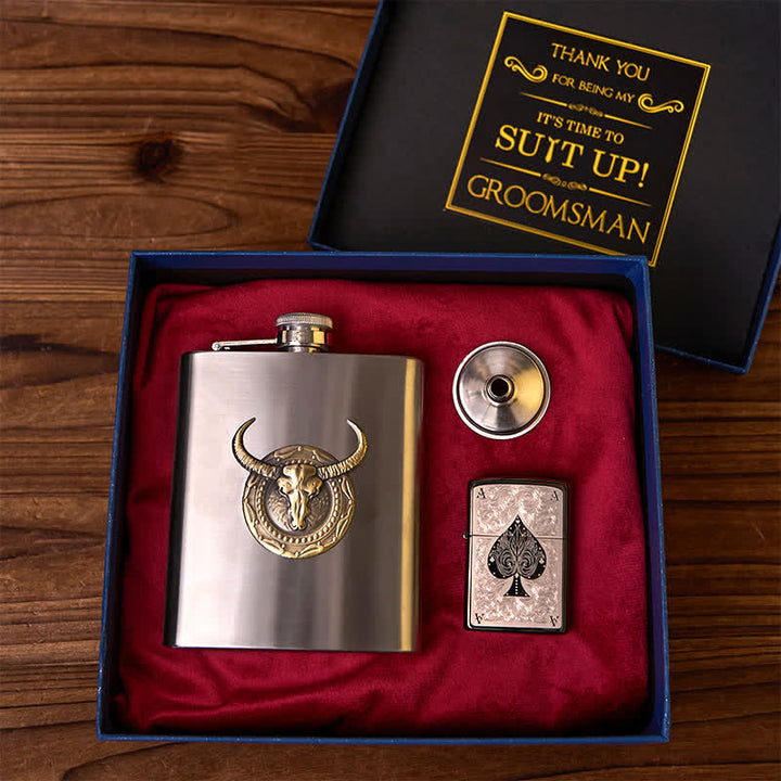 Flacon taureau argenté 2 pièces briquet ACE of Spades coffret cadeau pour garçons d'honneur
