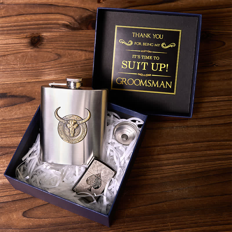 Flacon taureau argenté 2 pièces briquet ACE of Spades coffret cadeau pour garçons d'honneur