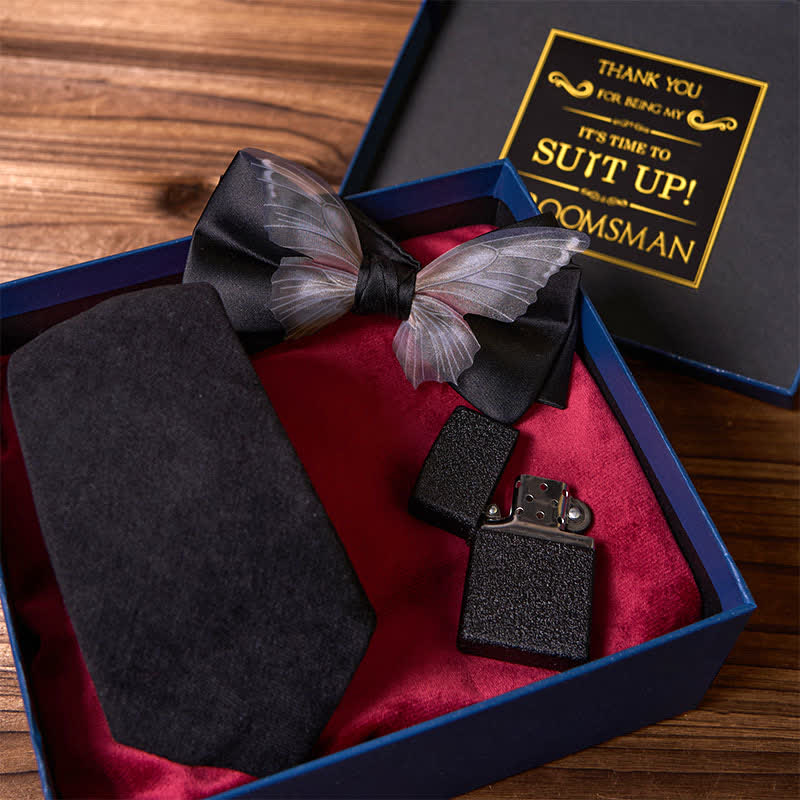 Lot de 3 cravates à thème noir avec papillon et briquet givré pour garçons d'honneur, coffret cadeau