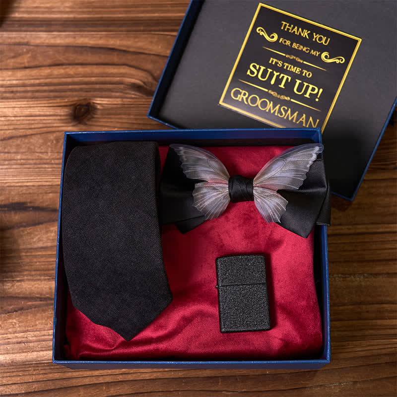 Lot de 3 cravates à thème noir avec papillon et briquet givré pour garçons d'honneur, coffret cadeau
