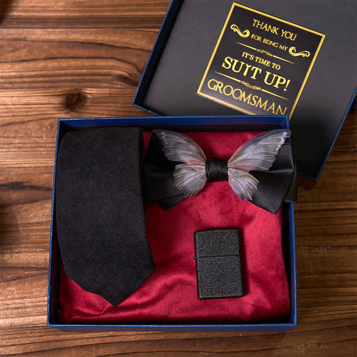 Lot de 3 cravates à thème noir avec papillon et briquet givré pour garçons d'honneur, coffret cadeau