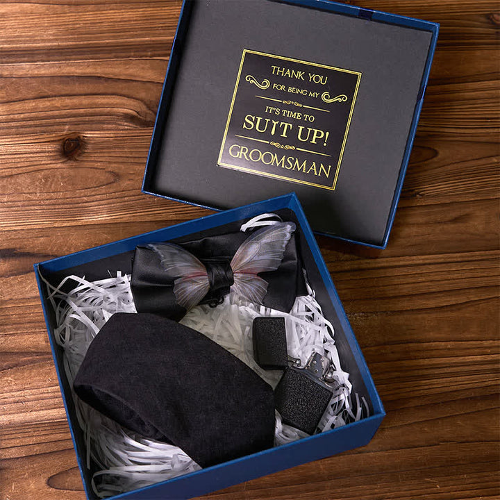 Lot de 3 cravates à thème noir avec papillon et briquet givré pour garçons d'honneur, coffret cadeau