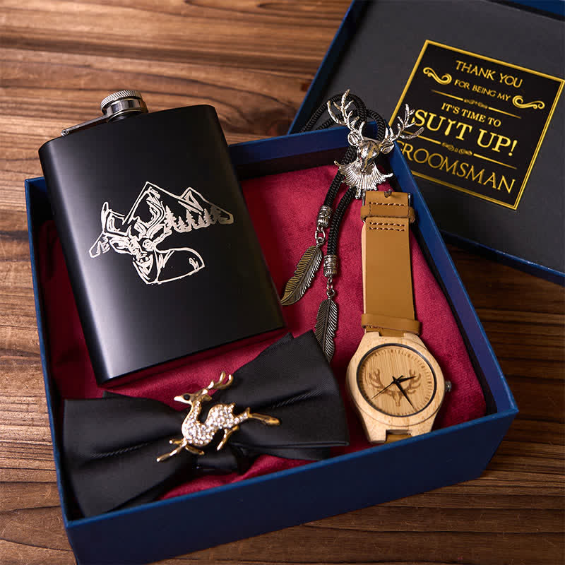 Lot de 4 montres en bois avec nœud papillon noir et flasque sur le thème du cerf pour garçons d'honneur