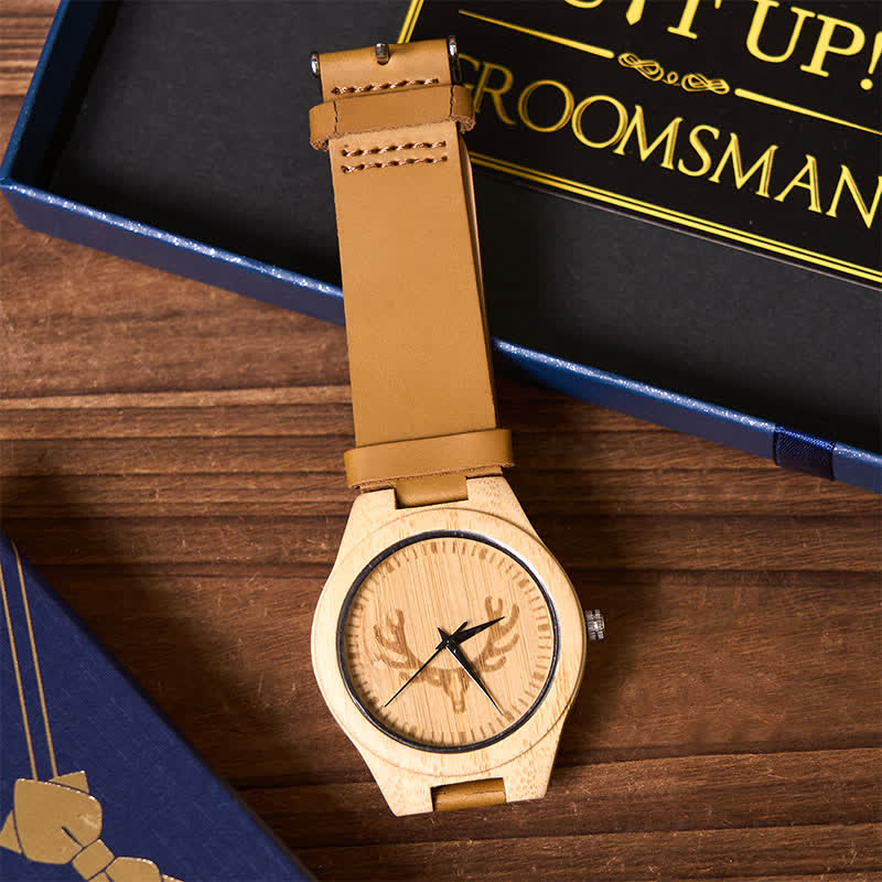 Lot de 4 montres en bois avec nœud papillon noir et flasque sur le thème du cerf pour garçons d'honneur