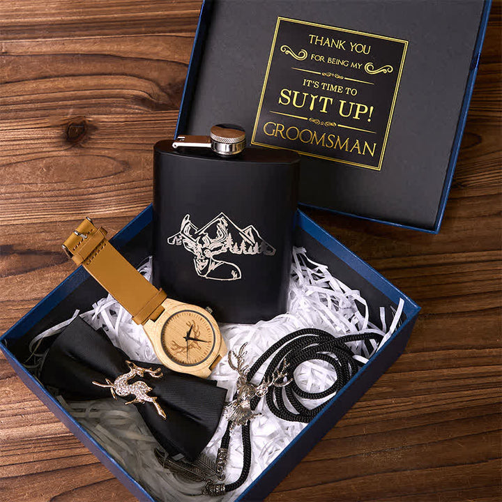 Lot de 4 montres en bois avec nœud papillon noir et flasque sur le thème du cerf pour garçons d'honneur