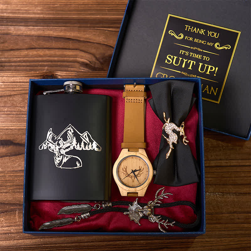 Lot de 4 montres en bois avec nœud papillon noir et flasque sur le thème du cerf pour garçons d'honneur