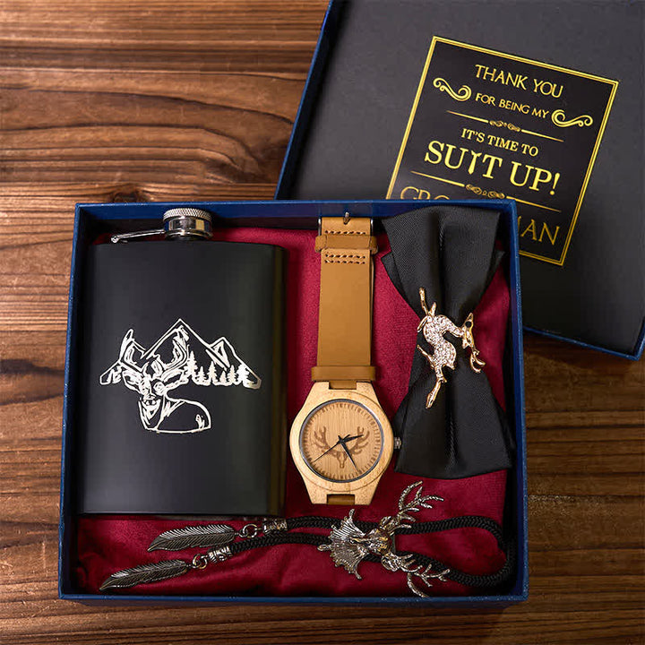 Lot de 4 montres en bois avec nœud papillon noir et flasque sur le thème du cerf pour garçons d'honneur