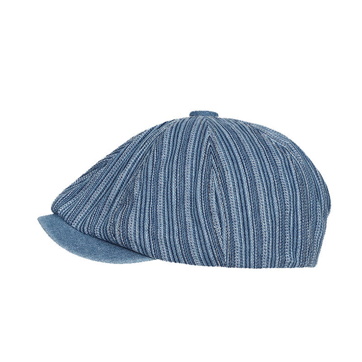 Casquette béret octogonale en denim délavé à rayures pour artiste peintre
