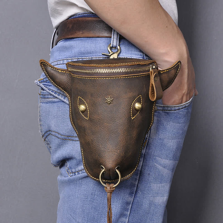 Sac ceinture en cuir véritable Crazy Horse avec tête de vache