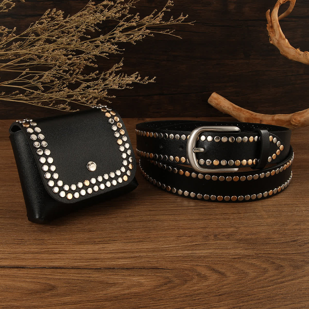 Lot de 2 ceintures en cuir noir à rivets punk pour femme avec sac banane